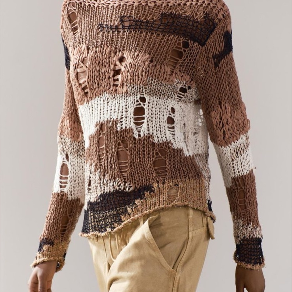 Zara RIBBON KNIT SWEATER Stylish Brown Distressed Sweater